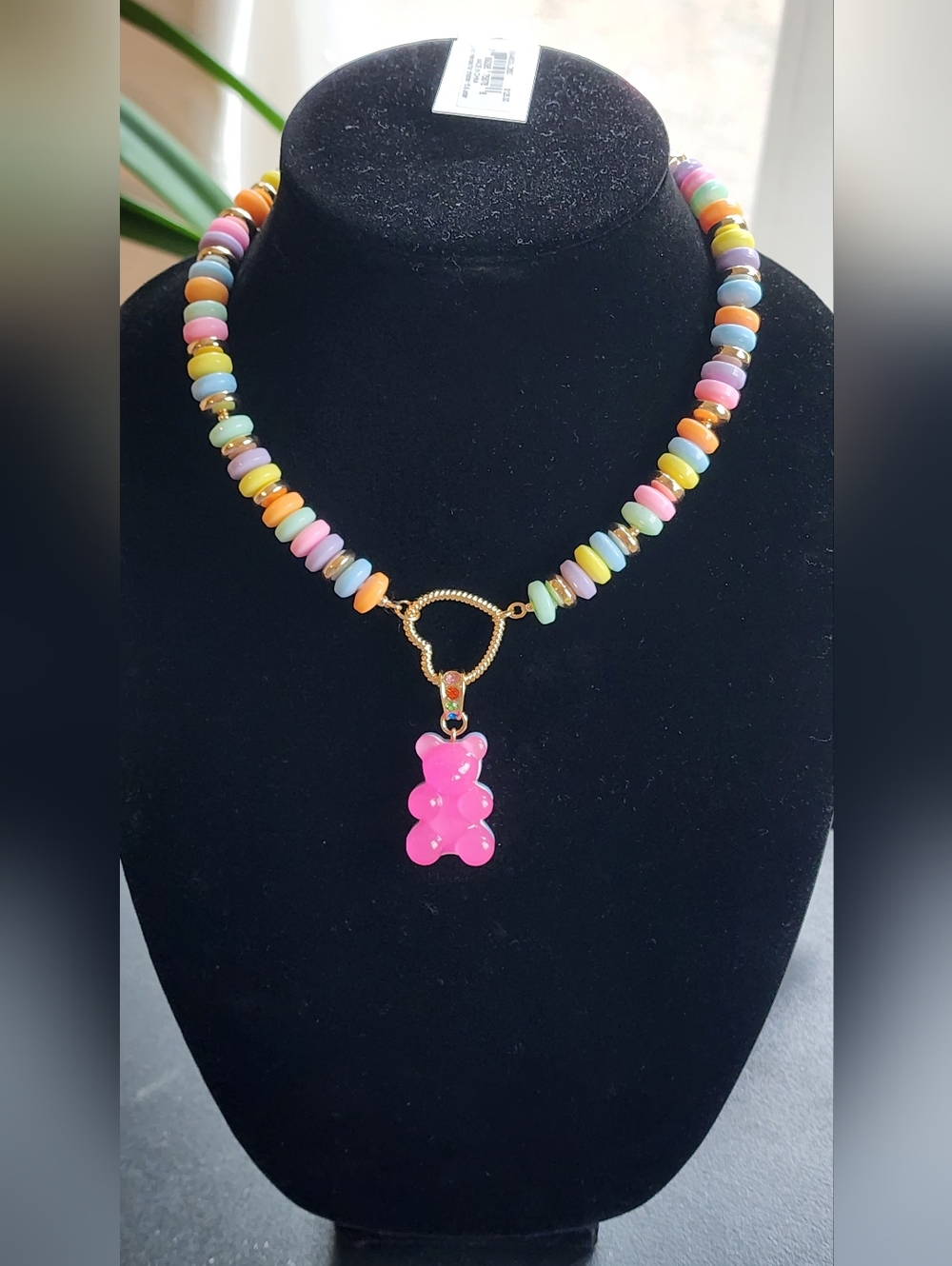 Betsey Johnson Multicolor Beaded Necklace with Pink Gummy Bear Charm